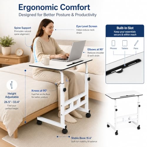 Image of amazon basics Adjustable Sofa Side Table with Wheels, 26-34 Inch, White | Portable Bedside Table with Wheels