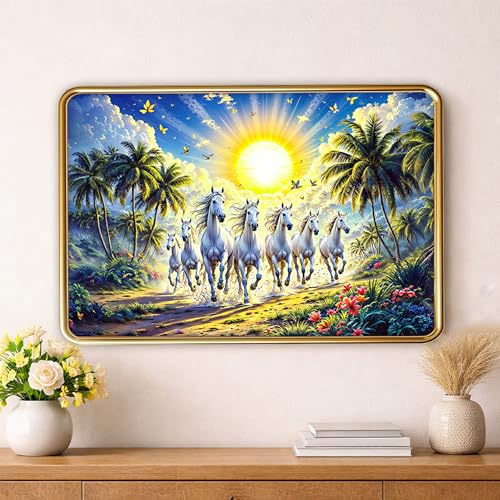 Image of XOPY Seven Running Horses Canvas with Golden Frame | Vastu 7 horses Raw Pyrite Painting for Home, Office & Living Room Wall Decore | 12X18 Inch Sparkle Laminated Frame | Best For Gifting (53327, 12X18)