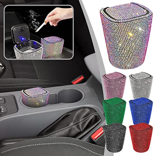 Flyss Smell Proof Crystal Diamond Car Ashtray With Lid Blue Led Light Bling Portable Mini Trash Can For Cylinder Cup Holder White #TOP1