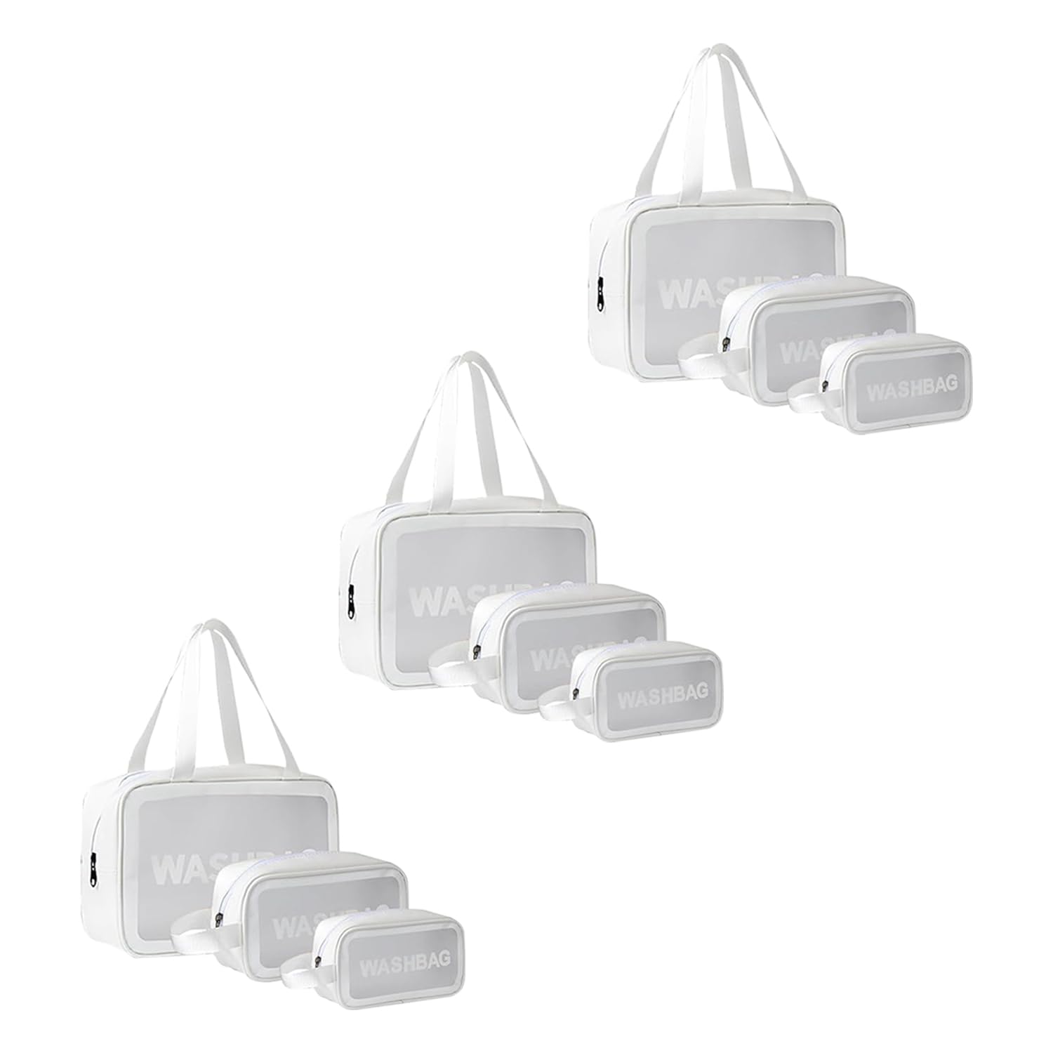 Kuber Industries Pack of 3 Toiletry Bag | Travel Storage Carry Pouch | Waterproof Cosmetic Bags | Portable Carry Pouch for Men-Women | Transparent Wash Bag with Handle | ZH021WT | 9 Pcs | White