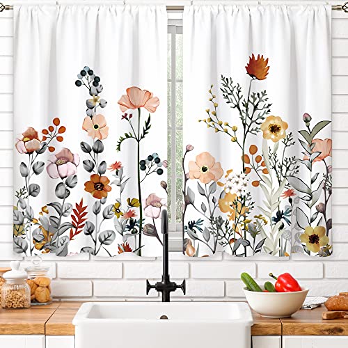 Oolygoo Rustic Floral Kitchen Curtains Vintage Red Flower Small Window Treatment Spring Wildflower Rod Pocket Cafe Short Window Curtains For Bathroom Dining Room Botanical Tier Drapes 27.5X39 Inch #TOP15