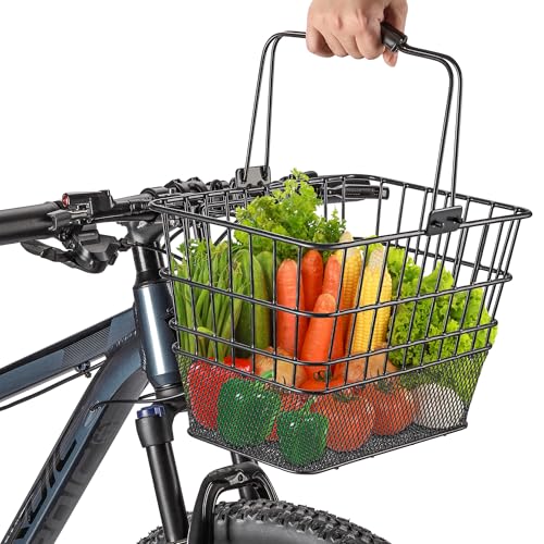 PINNAMAX Vordere Fahrradkorb mit Griff – Abnehmbarer Fahrradkorb für Einkäufe, Pendeln, Shopping – Robuster Drahtkorb mit Montagekit für Beach Cruiser & Citybike