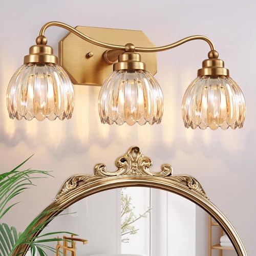 Image of Vintage Bathroom Light Fixtures, 3 Light Gold Bathroom Vanity Light, Matte Antique Brass Finish with Amber Crystal Glass Shade, Wall Sconces Lighting for Bedroom, Living Room（Amber-colored Glass）