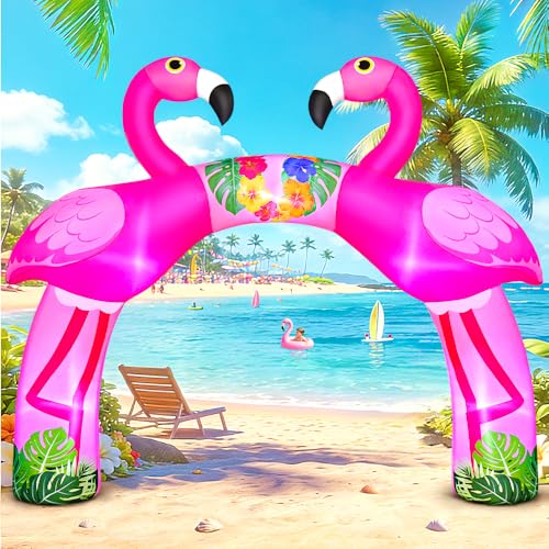 KOOY 12FT Summer Inflatables Flamingo Arch Built in LED Lights Flamingos Party Decorations Blow Up Flamingo Yard Decor for Summer Luau Hawaiian Tiki Tropical Party Outdoor Garden Yard Lawn
