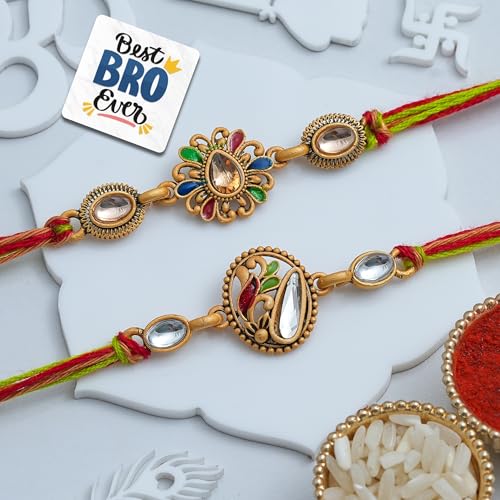 Image of eCraftIndia Multicolor Beautiful Floral Designer Rakhi Set of 2 | Rakhi for Brother Bhaiya Bhai with Best Bro Ever Fridge Magnet | Roli Chawal Pack