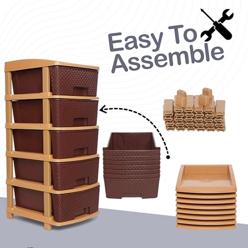 Image of Plastic Modular Drawer Storage Chest Of Drawers Organizer Storage Box, Large Stomo Racks For Multipurpose Anti-slip Shoes Organizers (Brown, 5 Layer)