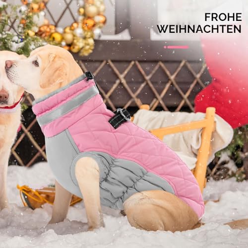 AOFITEE Wintermantel für große Hunde, Wasserdicht Hundemantel Hundejacke Mittelgroße Hund mit Geschirr, Winddichter Winter Hunde Jacket mit Reißverschluss, Warme Outdoor Hundebekleidung, L Rosa