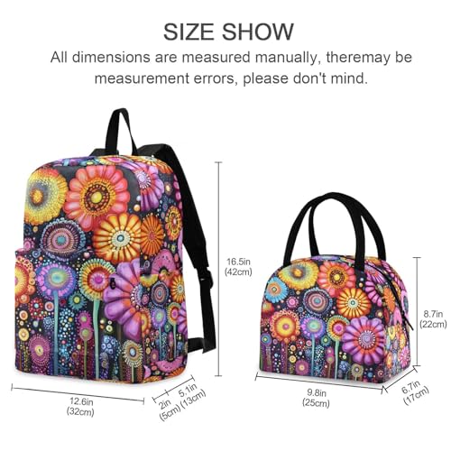 Backpack Lunch Box Set Large Capacity Travel Backpacks and Insulated Lunch Bag for Commute Hiking Picnic Abstract Anime Floral Print2