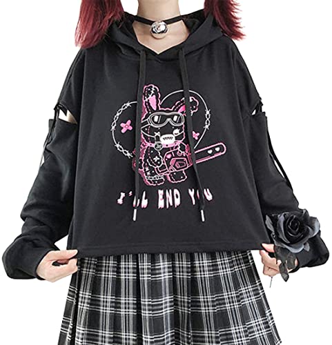 EMILYLE Womens Girls Japanese Style Hoodie Cute Pattern Print Sweatshirt Fashion Kawaii Anime Pullover(2pink-1,XL)