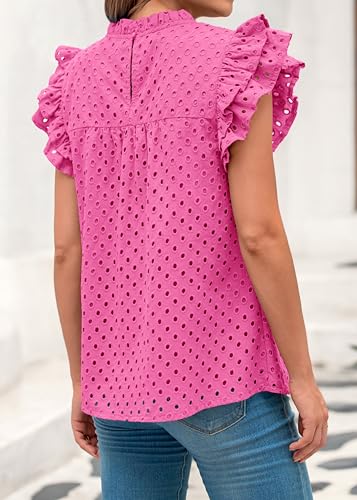 BTFBM Casual Summer Tops for Women 2025 Short Ruffle Sleeves Shirts Crew Neck Hollow Out Lace Embroidered Blouses