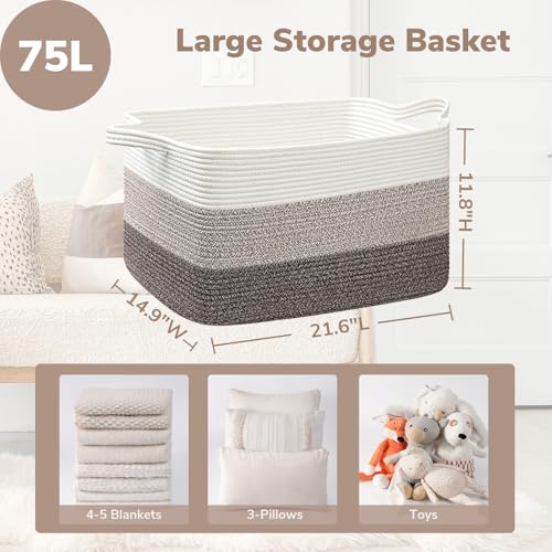 Goodpick Large Woven Storage Basket, 21.6"x14.9"x11.8", Blanket Storage for Bedroom and Living Room, Rectangle Rope Baskets for Storage, White Brown