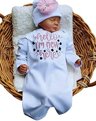 Newborn Girl Coming Home Outfit Hello I am New Here Layette Gown Beanie Set Baby Shower Gifts Pink Navy 0 to 3 Months