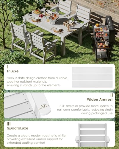 Image of GREENVINES 5-Piece Outdoor Dining Set | HDPE | Patio Table and Chairs Sets for 4 | Patio Furniture | All Weather | Umbrella Hole | White | for Backyard Poolside Garden