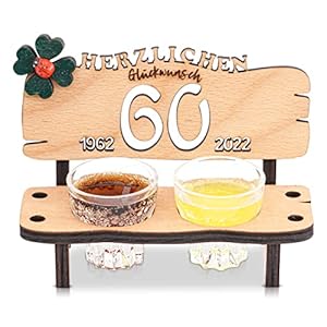 DARO Design – Schnapsbank Jahreszahl 60 Jahre Holz 2 Schnapsgläser 2 Kerzen Kleeblatt Jahrestag Geburtstag…