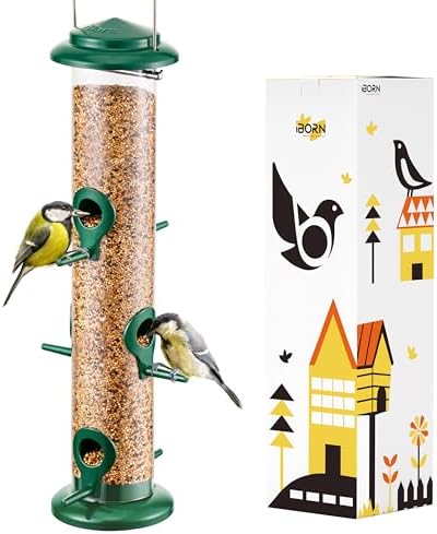 Seed Feeders for Small Birds That Will Transform Your Backyard Experience 8 iBorn Metal Bird Feeders 6 Ports Hanging Wild Bird Seed Feeder for Mix Seed Blends, Niger Seed Feeder, Sunflower Heart, Birdbath, Heavy Duty All Metal Green Finishing 14 Inch 6Port