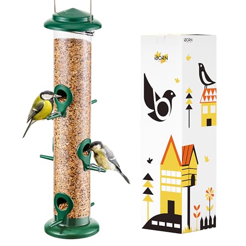 iBorn Metal Bird Feeders 6 Ports Hanging Wild Bird Seed Feeder for Mix Seed Blends, Niger Seed Feeder, Sunflower Heart, Birdbath, Heavy Duty All Metal Green Finishing 14 Inch 6Port