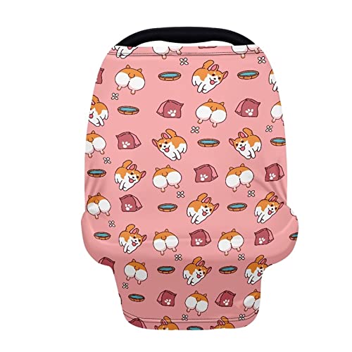 JEOCODY Pink Corgi Dog Print Multi Use Cover Soft Nursing Cover Elastic Carseat Canopy Stroller Cover Shopping Cart Cover
