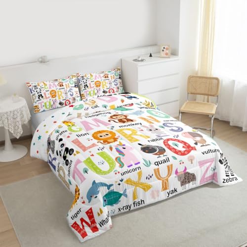 Image of Feelyou ABC Alphabet Comforter Queen Size for Boys Girls, Cartoon Animal Comforter Set Cute Educational Learning Tool Bedding Set Learning Educational Duvet Set Microfiber Bed Set