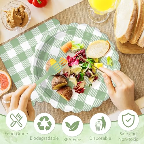 Image of Sage Green Gingham Paper Plates and Napkins Disposable Set for Baby Shower