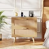 Rovaurx Rattan Nightstand with 2 Drawers, 23.6' Wide Bedside Table Night Stand with Charging Station, End Table for Bedroom, Boho Side Table with Solid Wood Legs for Bedroom, Modern Natural RCTG111ME