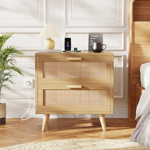 Rovaurx Rattan Nightstand with 2 Drawers, 23.6" Wide Bedside Table Night Stand with Charging Station, End Table for Bedroom, Boho Side Table with Solid Wood Legs for Bedroom, Modern Natural RCTG111ME