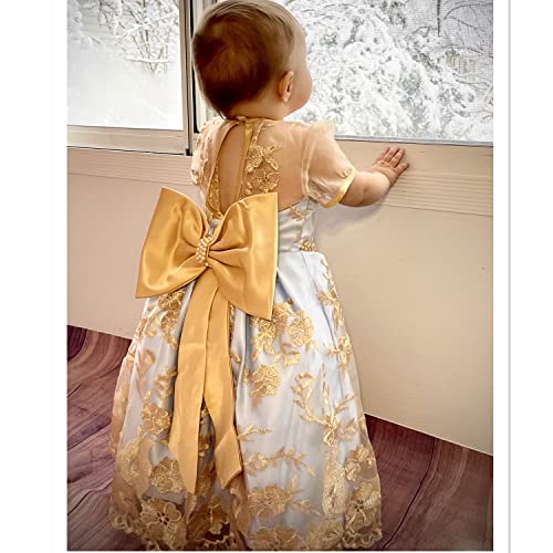 Nnjxd Baby Girls Formal Dress Bowknot Baptism Embroidery Tutu Dress With Headwear Size (70) 0-6 Months Yellow 2(With Headwear) #TOP2