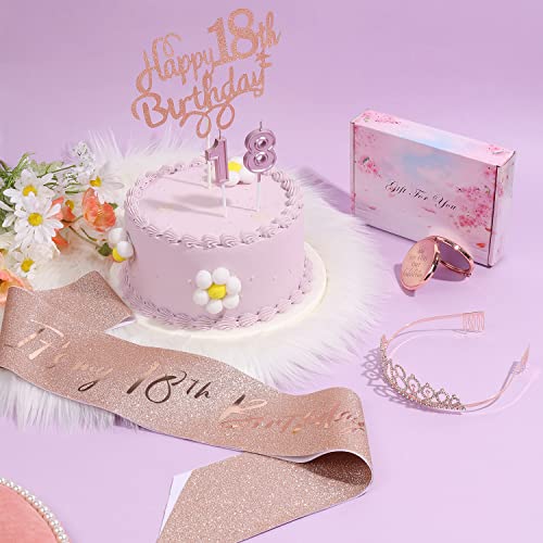 Birthday Crown Kit, Rose Gold Glitter Birthday Sash And Tiara For Women & Girls With Birthday Number Candles Cake Topper Mini Portable Mirror Decoration Kit For 18Th Birthday Gift #TOP5
