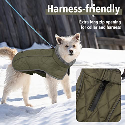 Image of Fragralley Dog Coat Large, Waterproof Dog Jacket with Warm Fleece Lining, Adjustable Reflective Dogs Winter Coat, Turtleneck Pet Coats for Cold Weather (ArmyGreen XL)