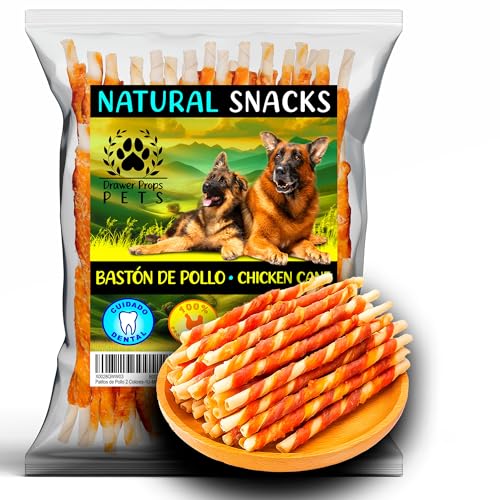 Palitos Premium de Pollo Bicolor Enrollados – Snack Dental Natural para Perros Medianos y Grandes – Piel de Ternera con Pollo – 500 g