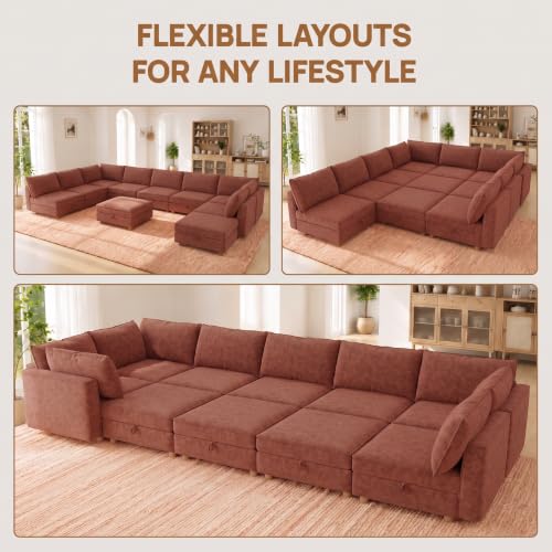 Image of 128 inch Chenille Modular Sofa Bed with Washable Covers & Storage, 10-Seater Modular Sectional Sleeper Sofa Bed with Movable Ottoman Chaise, Convertible Sleeper Sectional Couches for Living Room, Orange