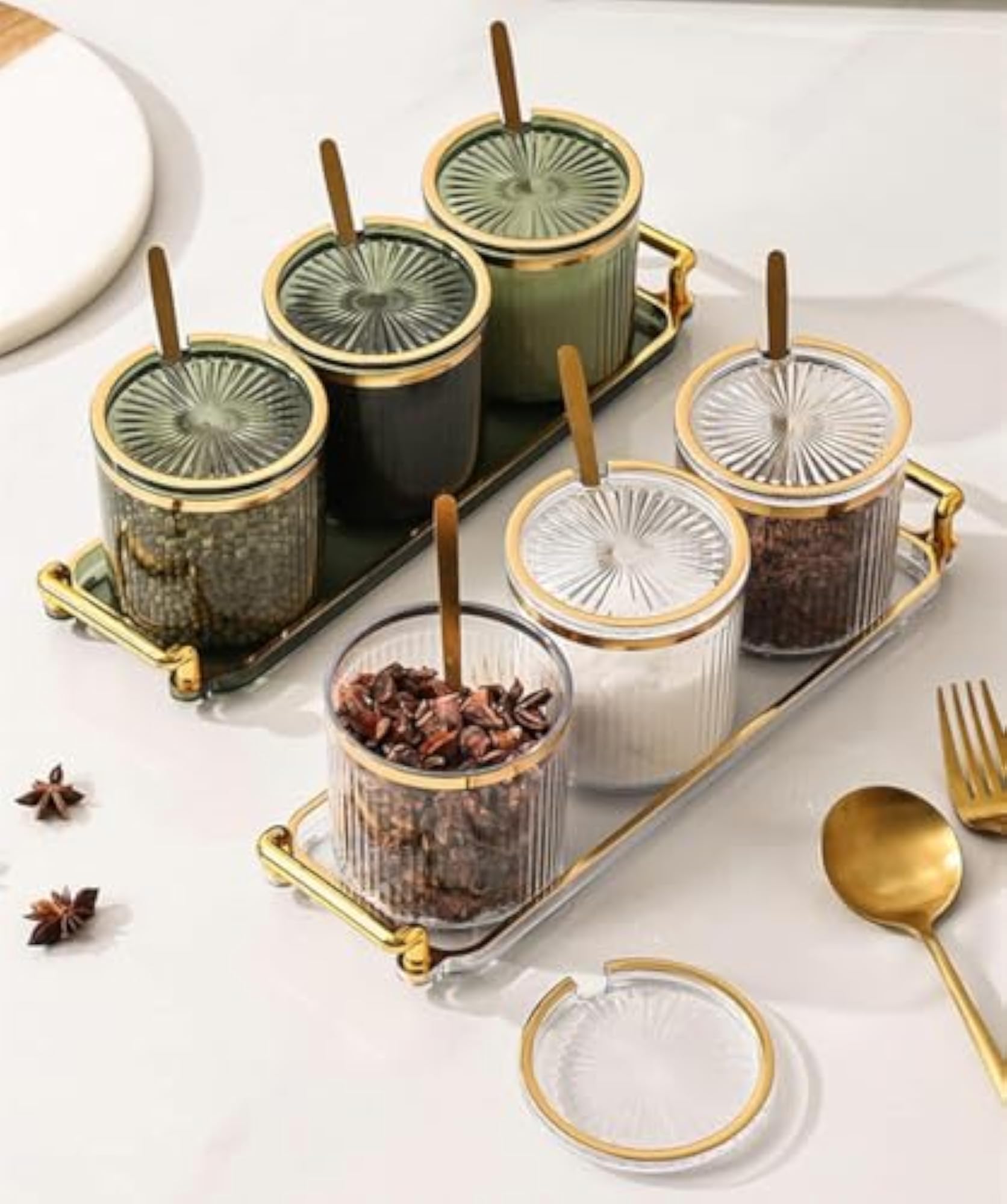 Acrylic Condiment Spice Jars with Lids, Tray & Spoons