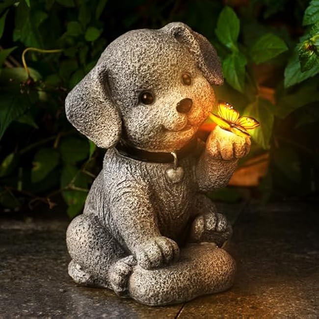 Solar Garden Statue Outdoor Decor,Dog Figurine with LED Lights,Birthdays Mother£ªs Day Housewarming Gift for Women, Mom, Grandma,Garden Gifts¨ÛHome Decoration with Butterfly