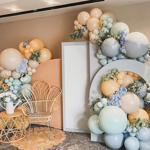 Image of Jobkoo Sage Green Dusty Blue Balloons, 12 Inch Retro Slate Light Blue Olive Green White Sand Beige Nude Eucalyptus Latex Balloon for Boho Rabbit Birthday Wedding Toy Baby Shower Woodland Party Decor