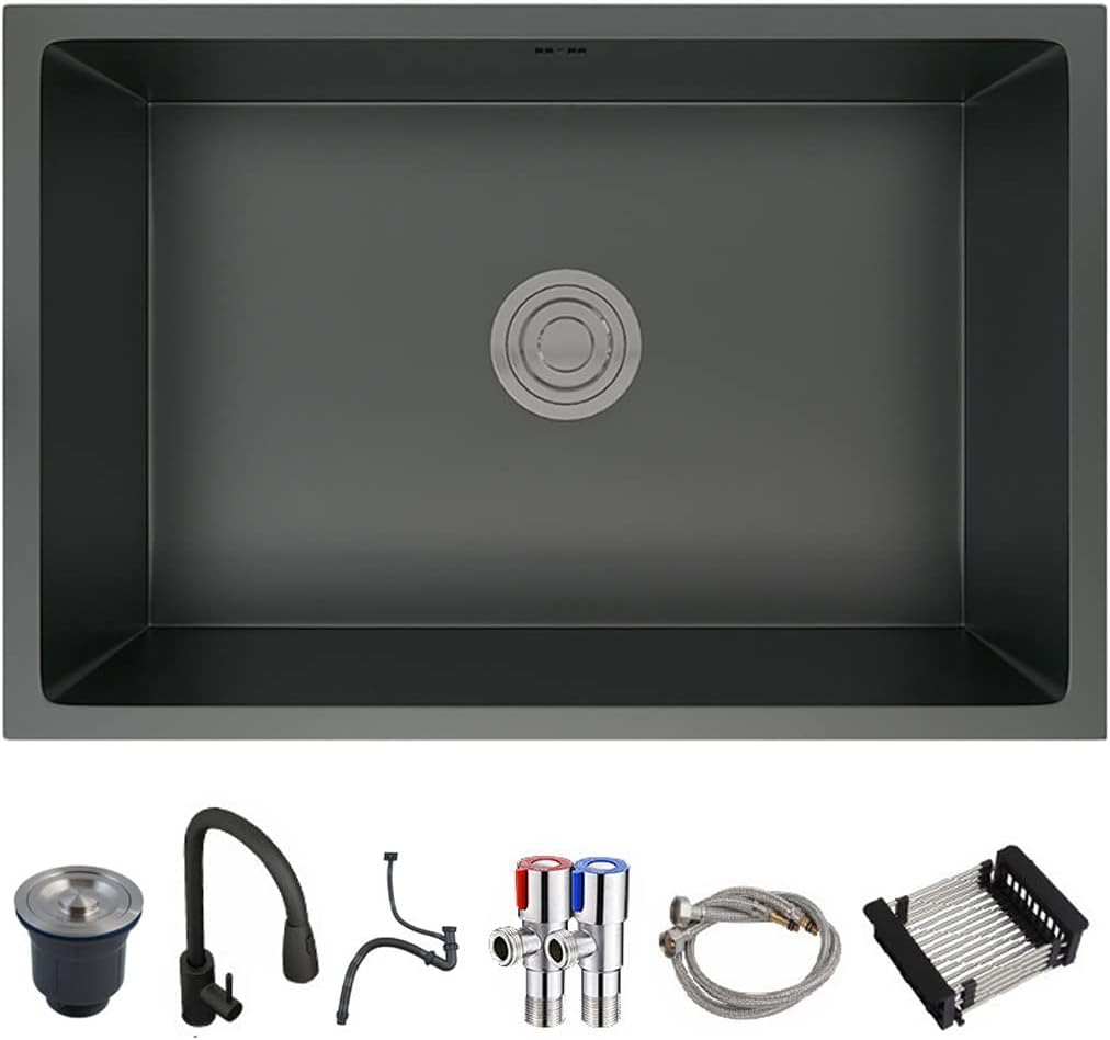 Kitchen Sinks, Stainless Steel Kitchen Sink With Extendable Tap, High Capacity Sink, Quiet Undermount Kitchen Sink For Indoor Outdoor (Color : Black, Size : 52x40cm)