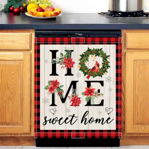 Image of Christmas Cardinal Bird Dishwasher Magnet Cover, 23x26 in Sweet Home Dishwasher Magnets Cover for Xmas Decor Winter Holiday Dish Washer Magnet Sticker Kitchen Magnetic Refrigerator Covers