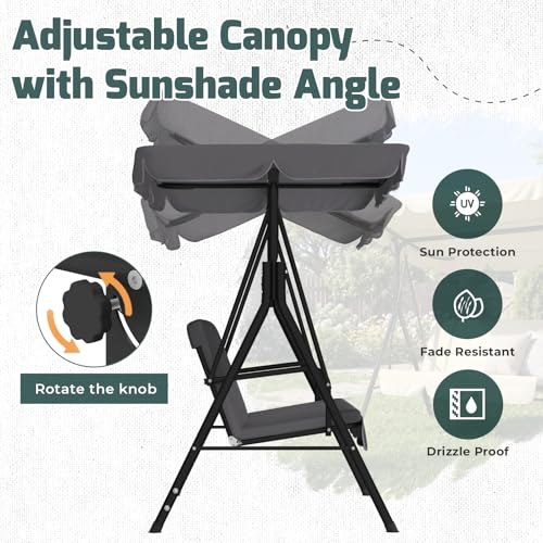 Image of AECOJOY 3-Seat Outdoor Clearance Porch Swings for Adults, Outdoor Patio Swing with Adjustable Canopy & Removable Cushion for Backyard, Garden, Balcony, Grey