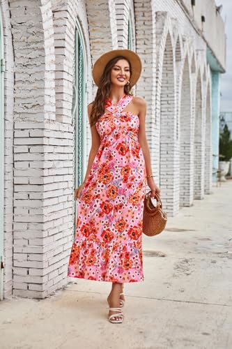 Image of GRACE KARIN Womens Summer Floral Dresses 2026 Boho Maxi Dress Flowy Halter Sundress Casual Vacation Beach Clothes with Pocket