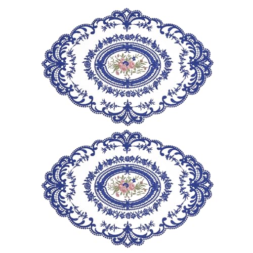sourcing map 2 Stück Retro Spitze Tischset 30,5 x 40,6 cm Oval bestickt Tischsets Französisch Häkeldeckchen Untersetzer Cup Mat für Zuhause Hochzeit Dunkelblau