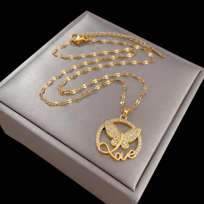 White Zircon Crystal Fantasy Butterfly Dainty Pendant Necklace for Girls & Women, Designer Gold Plated Chain Necklace, Love Letter Design Jewelry for Birthday Gift - Image 3