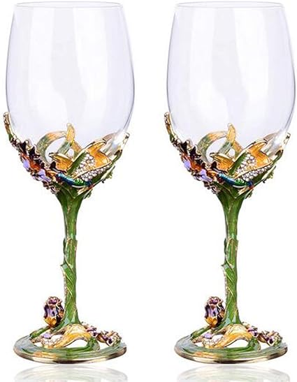 Amazon Ybk Tech 手作りエナメルクラフト クリスタルワイングラス 赤ワインの杯 2のセット ギフトボックス アイリスフラワー デザイン グリーン Ybk Tech ワイングラス