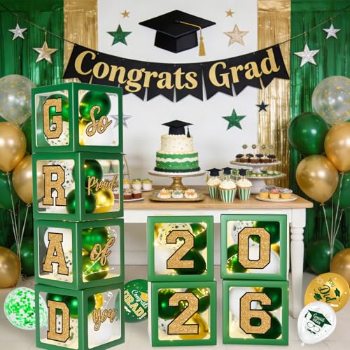 Image of Graduation Decorations 2026 - Green and Gold Graduation Decorations - Set of 4 Balloons Boxes with Letters 2026 GRAD So Proud of You, Congrats Grad Party Decorations for Any Grades