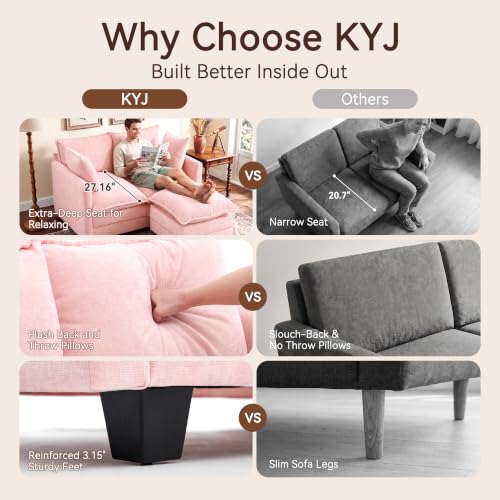 Image of 50 inch Love Seat with Ottoman, Small L Shape Cloud Sofa Couch, 2-Layer Cushion & 27 inch Deep Seat, 2 Pillows for Small Spaces, Bedroom, Apartment, Office, Living Room, Pink