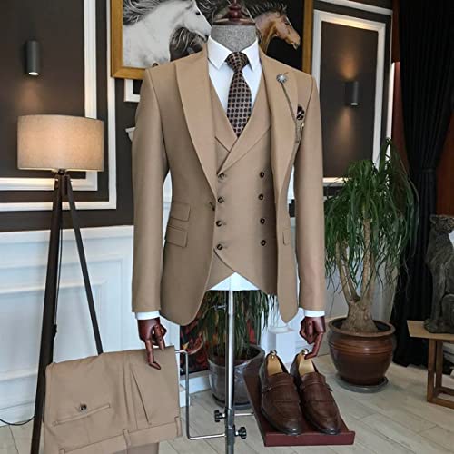 Men Suit Brown Wide Peak Lapel Blazer Groom Wedding Formal Prom Tuxedo 3 Pieces Suit Jacket Pants Vest2