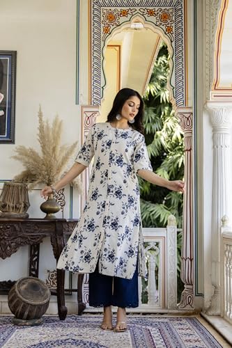 Image of Pistaa's Women Printed Mandarin A-Line Cotton Kurta With Palazzos