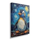 Penguin Starry Night Canvas Wall Art Animal Pictures for Kitchen Living Room Bedroom Bathroom Office,Penguins Abstract Print Penguin Painting Home Modern Art Work Framed Wall Art Decor 16' x 12'