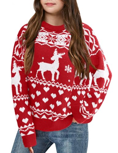Image of Girls Christmas Pullover Sweaters Reindeer Elk Snow Long Sleeve Crew Neck Chunky Tops