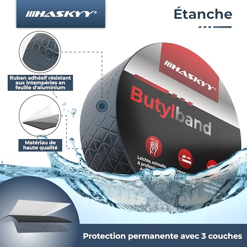 HASKYY Ruban adhésif étanche en butyle I 50 mm x 10 m anthracite de qualité supérieure autocollant avec film aluminium I Ruban butyle résistant au vieillissement résistant à la corrosion et aux UV – vue 3