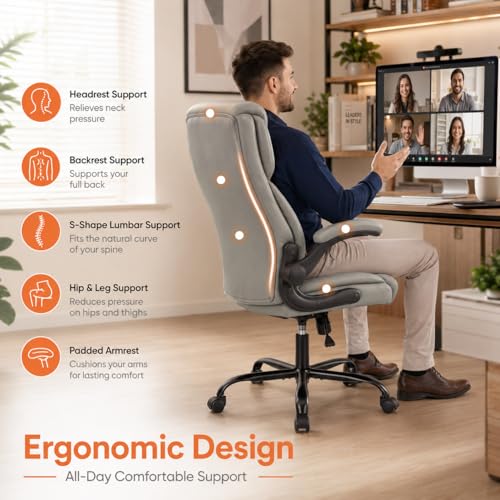 Image of Ergonomic PU Leather Office Chair - Executive Computer Desk Chair with Lumbar Support & Wide Seat, Adjustable Height Task Chair with 360 Swivel & Quiet Wheels for Home Office, Gaming, Gray