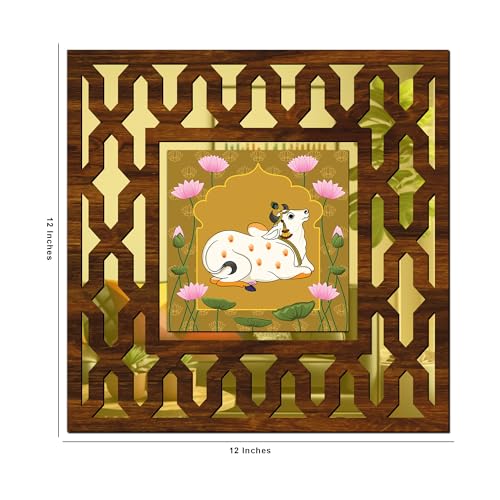 Image of Wooden Pichwai Cow Mirror Wall Decor Panel for Home Decor Living Room Bed Room Office (AD5, 12X12 Inches, Set of 2)