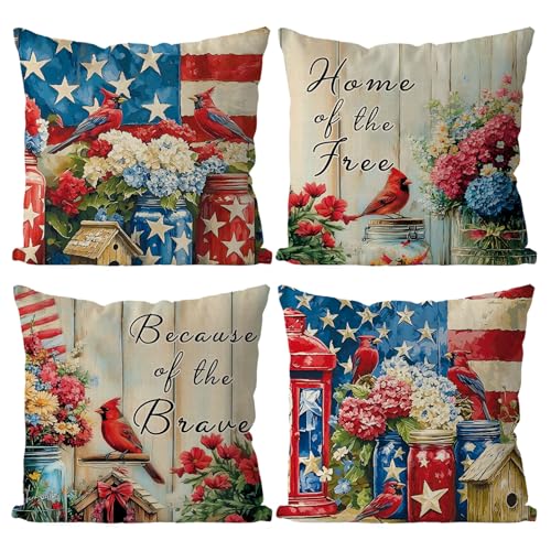QIONG MENG 4th of July Pillow Covers 16x16 Inch Set of 4 Cardinal Floral Patriotic Throw Pillowcase Independence Memorial Day Cushion Case for Home Sofa Farmhouse Decorations
